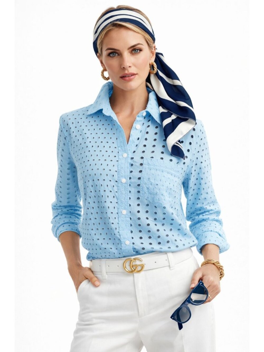 J.Crew Baby Blue Classic Eyelet Button-Up Shirt Long Sleeve Cotton 8 Sustainable